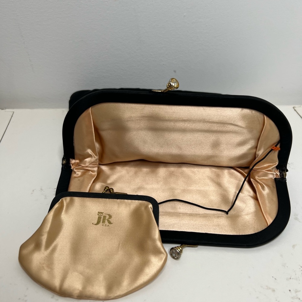 JR brand, 1950s vintage black fabric kiss lock clutch.